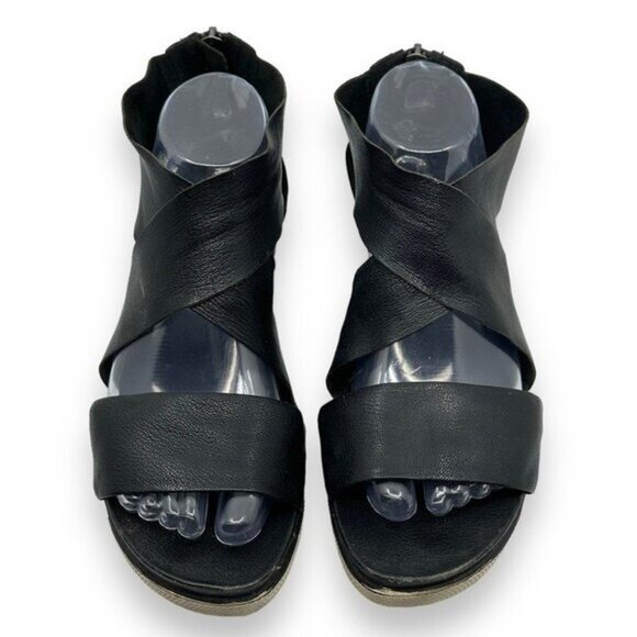 Eileen Fisher 8.5 Leather Sneaker Sandal Black Leather Strappy Platform Boost - Picture 4 of 11